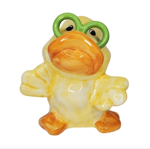 Funky Yellow Porcelain Duck Bank with Green Glasses - Picture 1 of 6
